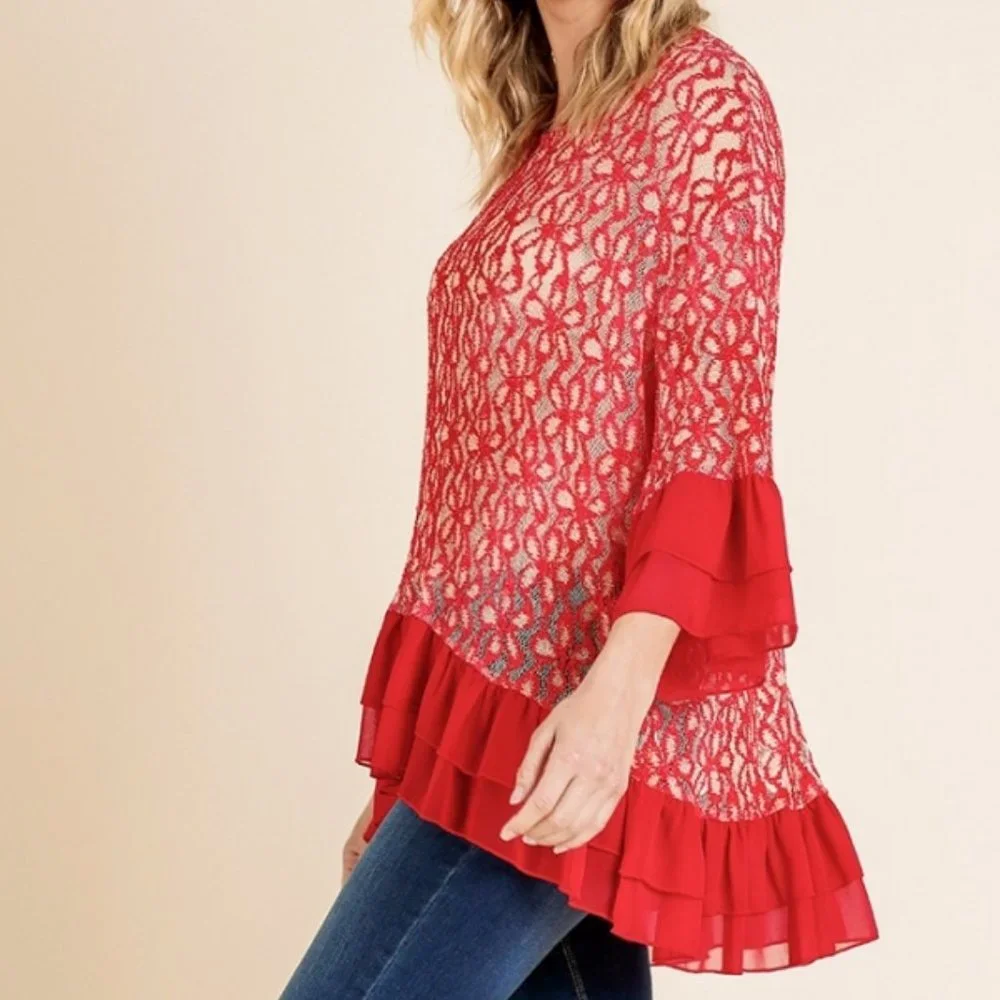 🎈Umgee Red Floral Mesh Ruffle Sleeve Top - Picture 3 of 4
